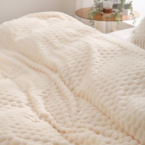 Cream White Throw Blanket 50"×60" inches Fuzzy 3D Jacquard Decorative Flannel Fleece Super Soft Plush Cozy Blanket for Couch Sofa Chair Lightweight thumbnail 6