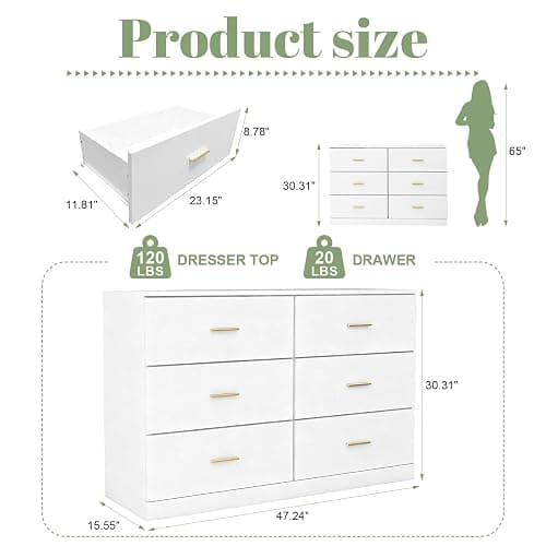 MUTOVA White 6 Drawer Dresser for Bedroom Modern Chests of Drawers with Gold Handle 47" Wooden Closet Dresser Long Storage Cabinet Organizer Dresser TV Stand thumbnail 2