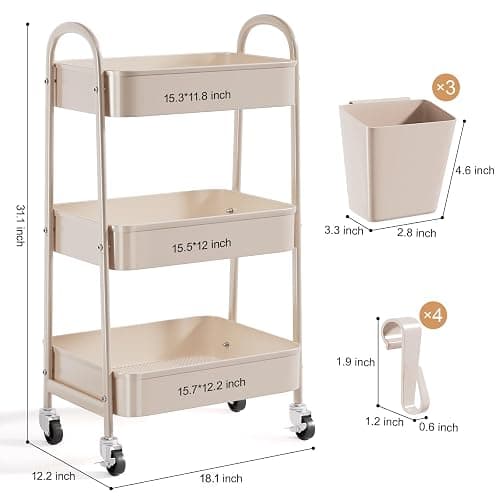 3 Tier Khaki Metal Utility Rolling Cart, Storage Cart with Handle and Lockable Wheels, Multifunctional Organizer Trolley with Mesh Storage Baskets for Kitchen, Office, Living Room, Laundry, Garage thumbnail 3