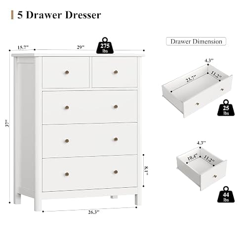 HOUSUIT White Dresser with 5 Drawers, Tall Chest of Drawers, 5 Drawer Dresser with Deep Space, Wood Storage Cabinet for Living Room, Hallway, Office, White thumbnail 3