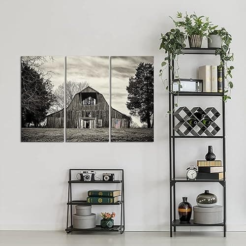 VANSEEING 3 Pieces Rustic Barn Canvas Wall Art Black and White Old Barn with USA Flag Painting Print Vintage Cabin Landscape Picture for Farmhouse Home Decor 16x32inchx3pcs thumbnail 2