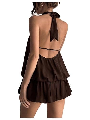 Floerns Women Backless Sleeveless Ruffle Bubble Hem Mesh Halter Mini Dress | Tie Open Back, Drop Ruched Waist, Ruffle Bubble Hem, Loose Fit, Chiffon Halter Dress thumbnail 2