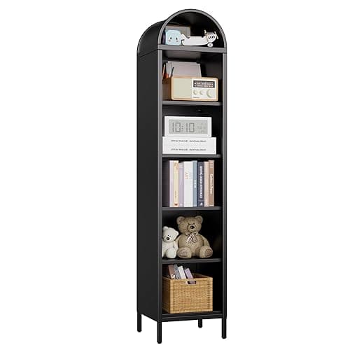 METALYEYE 73''H Narrow Arched Bookshelf,6-Tier Metal Arch Bookcase,Freestanding Storage Organizer with 4 Shelves,Open Display Shelves for Living Room,Entryway,Bathroom,Black,Assembly Required
