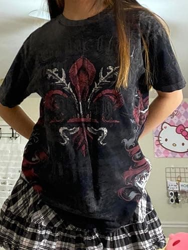 Women Fairy Grunge Clothes Y2k Short Sleeve Oversized Shirt Graphic Print Emo Top Aesthetic Vintage Teen Girl Tee thumbnail 3