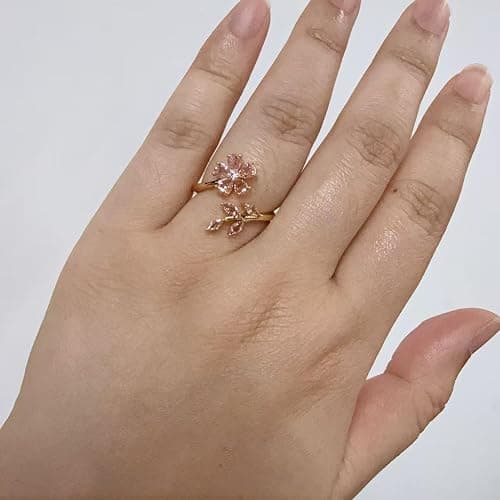 Kokoma Delicate Flower Leaf Wrap Finger Ring for Women Pink Cubic Zirconia Crystal Floral Statement Ring Promise Engagement Rings Adjustable Open Band thumbnail 3