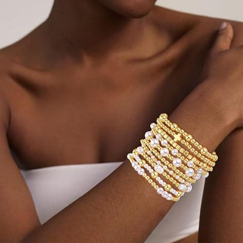 COLOYAN 10PCS Gold Bracelets for Women Stack, Cross Beaded Strand Bead Ball Stackable Gold Bracelet, Pearl Beaded Bracelets Elastic Bracelet Set thumbnail 5