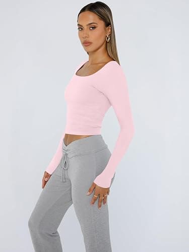 Trendy Queen Womens Long Sleeve Shirts Crop Tops Fall Fashion 2025 Square Neck Going Out Basics Tees Y2k Clothes thumbnail 3