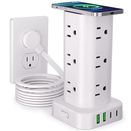 Power Strip with Wireless Charger, Flat Plug Surge Protector with 10FT Extension Cord, 12 AC Multiple Outlets, 4 USB (2 USB C), 15W Wireless Charging Power Tower for Home Office Dorm, White - Image 1