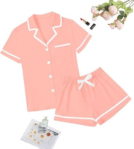 LYANER Women's Cotton Pajamas Set Button Short Sleeve Shirt with Shorts Set PJs Loungewear thumbnail 5