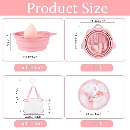 AUAUY Makeup Brush Cleaning Mat & Hanging Drying Net, Foldable Makeup Brush Cleaner, Silicone Brush Cleaning Bowl With Mesh Drying Rack Basket to Dry Makeup Sponge, Powder Puff, Brush(Pink) thumbnail 3