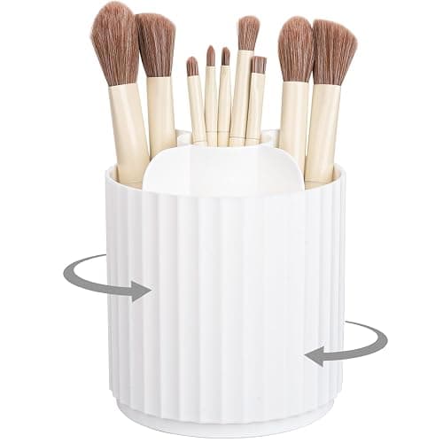 Anyoifax Makeup Brush Holder Organizer 360°Rotating Make Up Brushes Container for Vanity, Spinning Cosmetics Storage Cup, Stripe White - Image 1