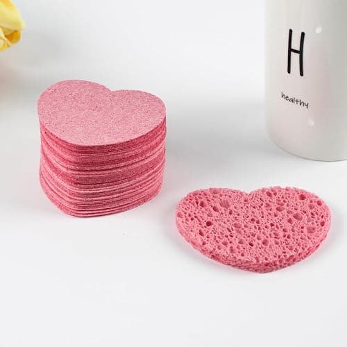 60-Count Compressed Facial Sponges with Container, Heart Shape Compressed Face Sponge, 100% Natural Sponge Pads for Face Cleansing, Massage, Pore Exfoliating Mask, Makeup Removal (Pink) thumbnail 9