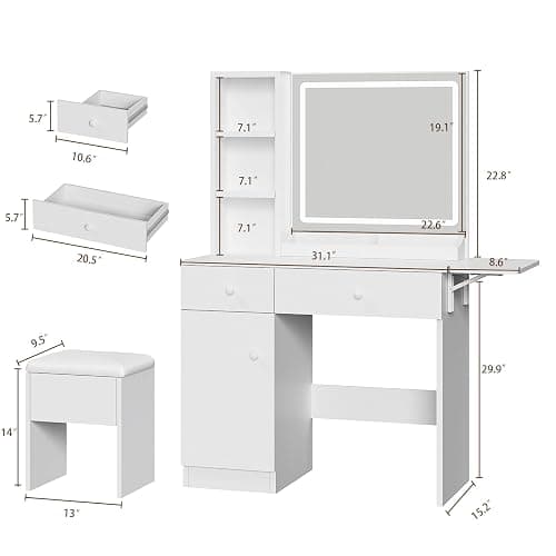 Haewon White Vanity Desk with Mirror and Lights, Makeup Vanity with Charging Station and 3 Lighting Modes, Dressing Table Set with Storage Cabinet, Drawers and Chair for Girls Bedroom thumbnail 2