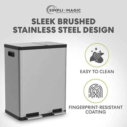 Simpli-Magic 18.5 Gallon (40L x 30L) Dual Compartment Step Trash Can – Kitchen Garbage Can with Waste & Recycling Bins – Slow-Close Lid, Odor Control, Hands-Free, Stainless Steel thumbnail 7