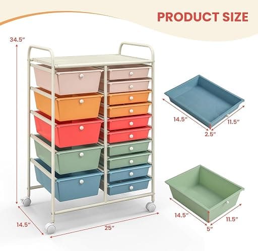 LDAILY 15 Drawer Rolling Storage Cart, Rolling Cart with Drawers for Classroom, Art Supply Craft Organizer on Wheel with Metal Frame & Handles for Home Office School thumbnail 3