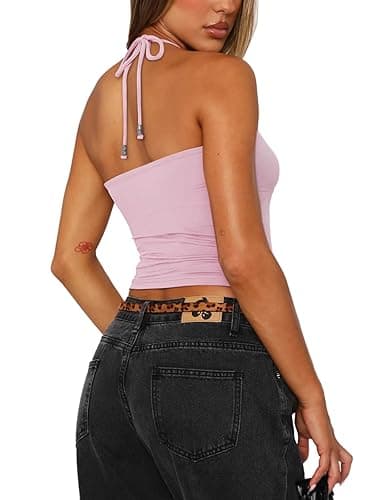 REORIA Women's Sexy Halter Backless Double Lined Tank Top Y2k Trendy Camisole Crop Tops - X-Small - Light Pink thumbnail 2