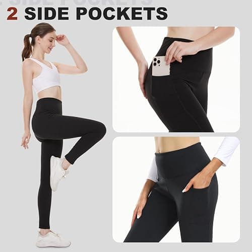 AMIYOYO Thermal Leggings Women with Pockets High Waist Fleece Lined Leggings Warm Winter Fur Yoga Pants Tummy Control Trousers Soft Stretchy Tights Workout Yoga Gym Running Black thumbnail 4