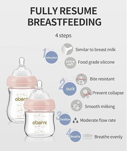 Oberni Glass Baby Bottles,Anti Colic Breastfeeding Bottle with Natural Response Nipple Size S,Wide Neck Slow Flow Baby Bottle for Baby,Newborn,Preemie 0-3 0-6 Month,BPA Free (Pink, 1 Pack, 4 Ounce) thumbnail 7