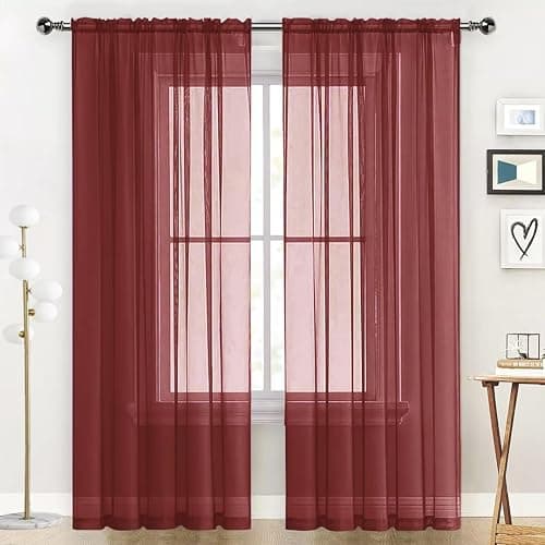 SpaceDresser Sheer Voile Window Treatment Rod Pocket Curtain Panels for Kitchen Bedroom Living Room Drapes Sunlight Filtering Privacy Semi Home Decor Assorted Colors Sizes (Burgundy, 52 W x 45 L) - Image 1