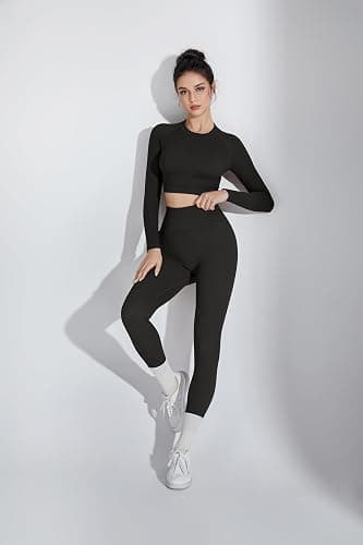 SUUKSESS Women 2 Piece Workout Sets Hidden Scrunch Hip Lifting Seamless Leggings Long Sleeve Yoga Crop Tops thumbnail 7