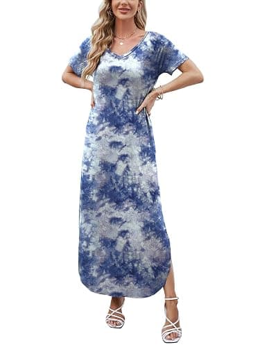 HUSKARY Women's Summer Maxi Dress Casual Loose Pockets Long Dress Short Sleeve Split Maxi Dresses thumbnail 2