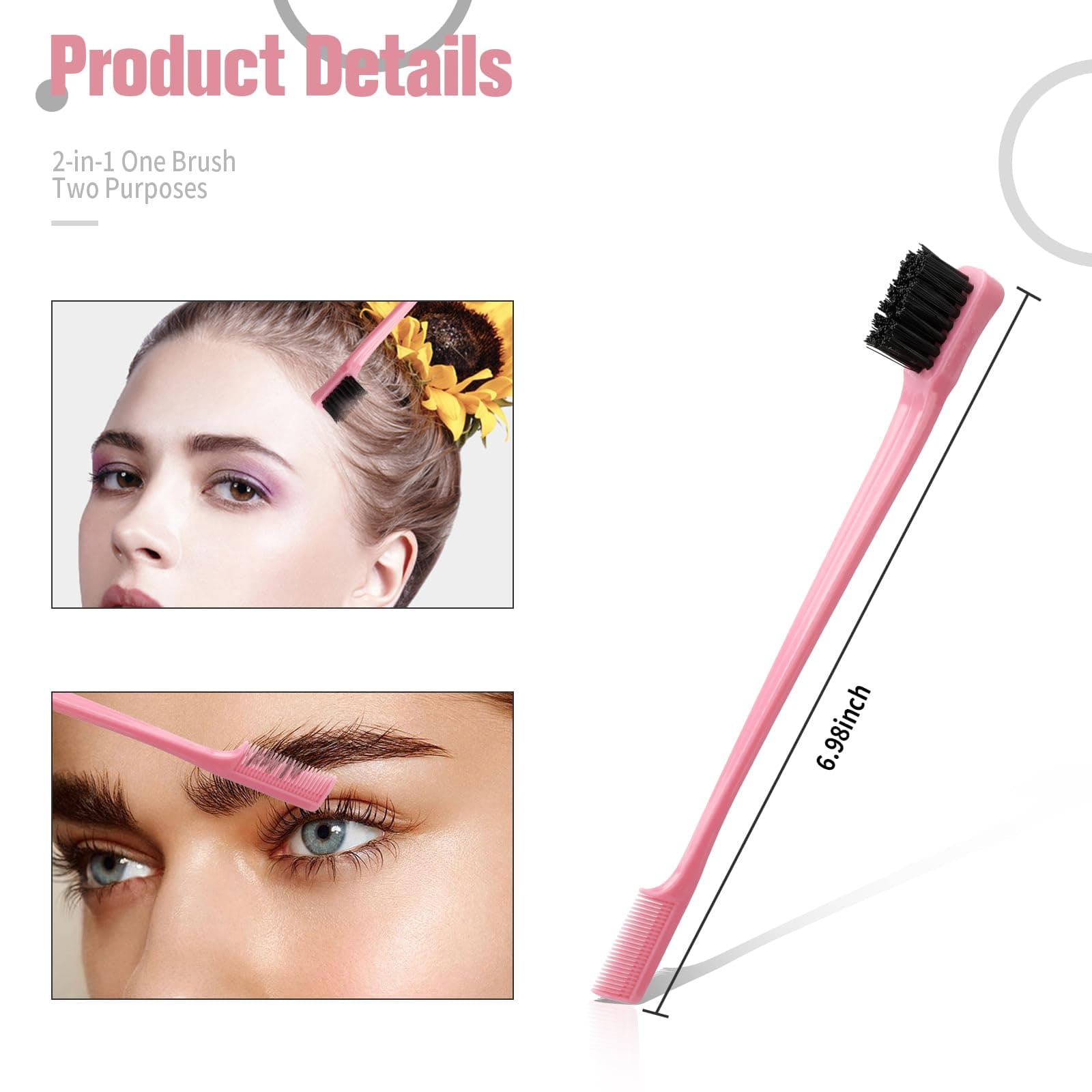 Slick Back Hair Brush, 3 Pcs Comb Set Edge Brush Bristle Hair Brush Rat Tail Comb, Curly Hair Brush, Styling Tools & Appliances, Hair Styling Tools, Parting Comb,Teasing Comb for Women Baby Pink thumbnail 3