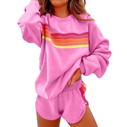 2 Piece Lounge Sets for Women Summer Rainbow Striped Tops Casual Shorts Color Blocked Suit Sweatshirts Set - Image 1