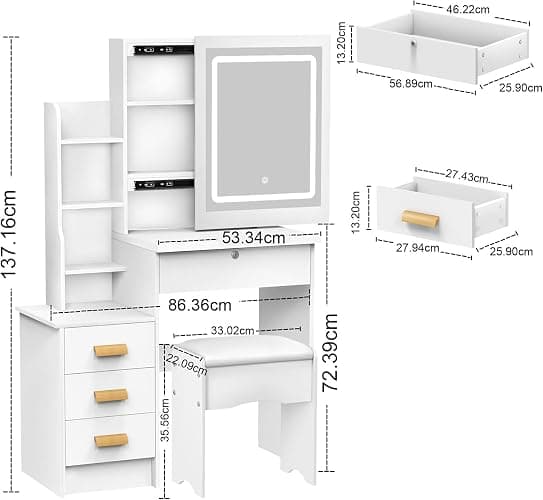 Make Up Vanity Desk with Mirror and Lights,White Vantity Set with 4 Drawers and Hidden Shelves,Girls Dressing Table with Lights and Stool,Small Vanity with Sliding Mirror for Bedroom Dressing Room thumbnail 2
