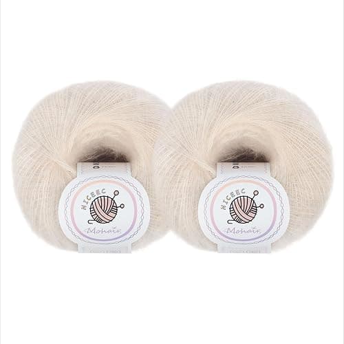 NICEEC 2 Skeins Soft Mohair Yarn, Fluffy & Fuzzy, Luxurious & Thin, Slik Wool Blend Yarn for Crochet & Knitting, Total 0.71oz×2, 328yds×2 - Beige - Image 1