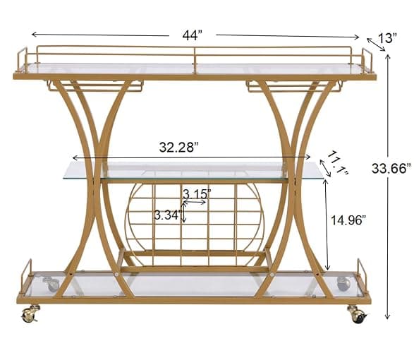 FABOMEI Gold Bar Carts with Glass Holders & Wine Rack,3 Tier Home Bar Serving Carts with Glass Shelves,Metal Rolling Bar Carts for The Home Kitchen, Party thumbnail 2
