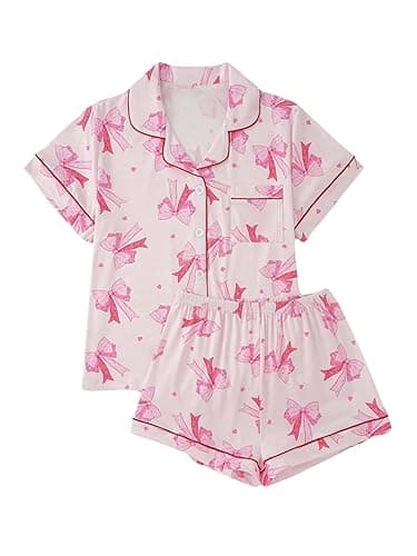 Verdusa Women's 2 Piece Pajama Sets Lightweight Fall Pajamas Cute Pj Set Button Shirt with Shorts Lounge Pjs