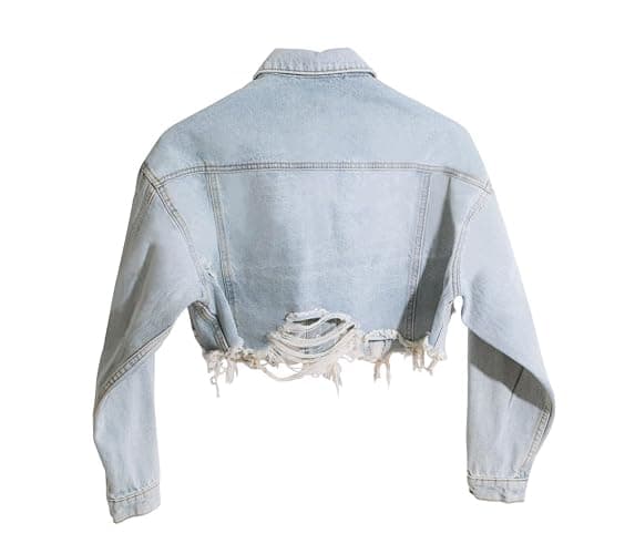HTD Women's Cropped Jean Jacket Button Up Long Sleeve Ripped Distressed Denim Jacket Frayed Hem thumbnail 4