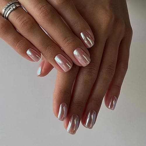 Nude Press On Nails Short - KQueenest Chrome Press On Nails Square, Sparkly Fake Nails Press ons, Bling Glazed Glue on Nails Short Coffin, Cute Shiny False Nail Gel Stick On Nails for Women Weddings thumbnail 3
