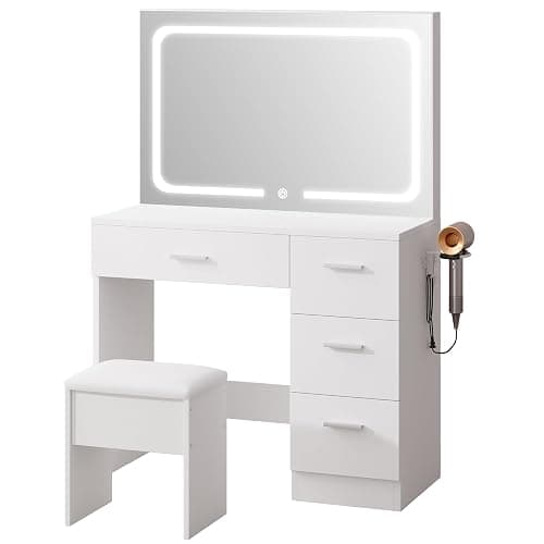 LIVELYGLOW Makeup Vanity Desk with Charging Station & LED Mirror – 35.4" Vanity Set with 4 Drawers, 3 Lighting Modes – Modern Bedroom Furniture (15.7" D x 35.4" W x 53.9" H), White thumbnail 3