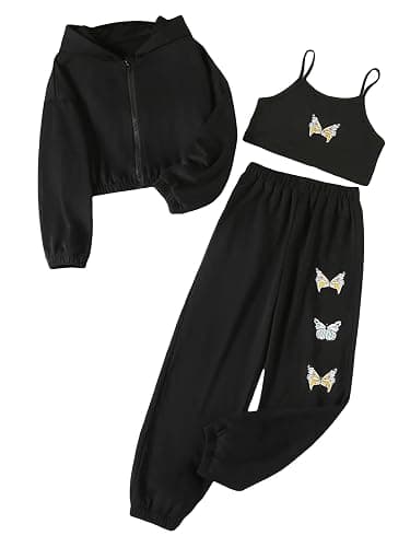 Floerns Girls Graphic Print Clothes Cami Top Sweatpants with Jacket 3 Piece Outfit - Image 1