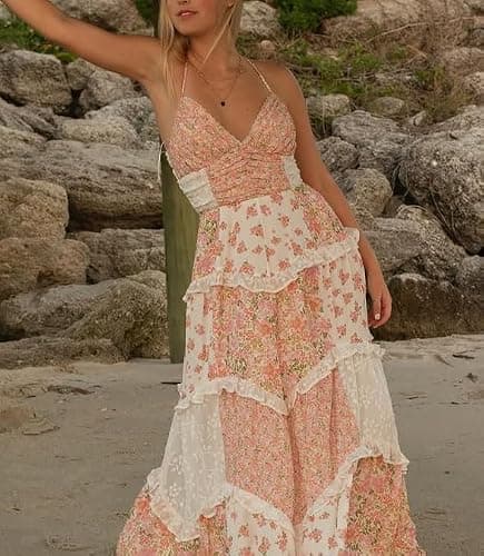 Women Y2k Floral Smocked Maxi Dress Bow Tie Shoulder Tiered Ruffle Midi Sun Dress Boho Casual Beach Long Dresses thumbnail 5