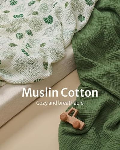 Blissful Diary Muslin Crib Sheets for Girl Boy, Boho Neutral Soft Cotton Baby Sheet for 52''x28'' Standard Crib Mattress, 2 Pack(Monstera&Dark Green) thumbnail 3