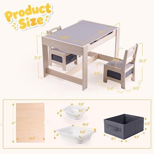 Rinnebbit 4 in 1 Toddler Table and Chair Set, Wood Kids Activity Play with Toy Storage, 2 Drawers, Detachable Tabletop for Crafting, Reading, Dining, Sensory Table w/Bins for Home, Nursery (Natural) thumbnail 2