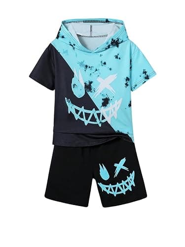 WDIRARA Boy's Two Piece Graphic Print Hooded Neck Tops and Track Shorts Clothing Set - Image 1