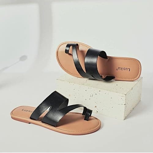 Luoika Women's Wide Width Flat Sandals, Flip Flop Slides Sandal Casual Strapy Sandal Slip on Summer Beach Shoes for Women. thumbnail 7
