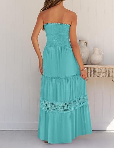 ZESICA Women's 2026 Summer Bohemian Strapless Off Shoulder Lace Trim Backless Flowy A Line Beach Long Maxi Dress thumbnail 3