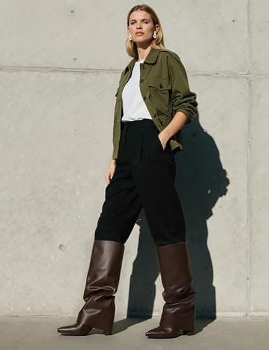 Modatope Knee High Boots Women Fold Over Knee High Boots Chunky High Heels Long Boots Zipper Pointed Toe Dress Tall Boots for Women thumbnail 7