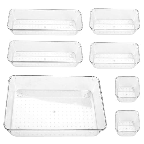 lovehai 7 Pcs Drawer Organiser Set, Makeup Organiser Tray for Drawers, Clear Cosmetics Container Tray for Office, Bedroom, Kitchen, Jewelries and Gadgets - Image 1