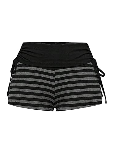 MakeMeChic Women's Punk Grunge Striped Shorts Tie Side Drawstring Low Waist Foldover Mini Shorts - Image 1
