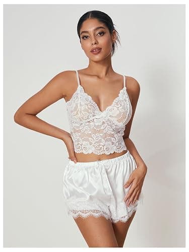 WDIRARA Women' Silk Satin Pajamas Set 4pcs Lingerie Floral Lace Cami Sleepwear with Robe thumbnail 4