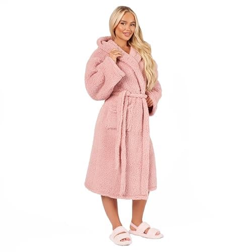 OHS Womens Dressing Gowns Teddy Fleece, Warm Cosy Fluffy Dressing Gown Bathrobes Women Hooded Luxury Oversized Ladies Mens Dressing Gown, One Size thumbnail 9