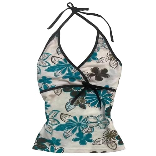 Grunge Halter Tank Top Women 2000s Cute Backless Sleeveless Going Out Cottagecore Summer Y2k V Neck Floral Tops - Image 1