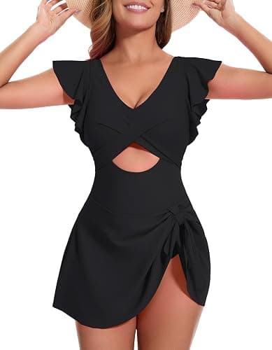 MFAVIP Women One Piece Swim Dress Tummy Control Swimsuits V Neck Ruffle Bathing Suit Cutout Sexy Wrap Side Tie with Skirt thumbnail 2