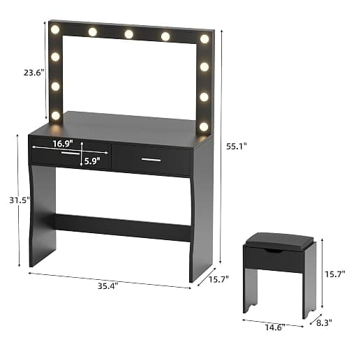YESHOMY Vanity Desk with Mirror, Power Outlet and 11 Lights, Makeup Table with 2 Drawers, 3 Color Modes Available for Bedroom, Black thumbnail 2