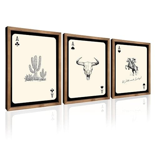 flangairy 3 Piece Western Wall Art Framed, 15.7×11.8 In Wooden Cowgirl Longhorn Bull Skull Cactus Wall Decor, Playing Card Themed Southwestern Rustic Farmhouse Decorations for Home Bedroom Living Room - Image 1